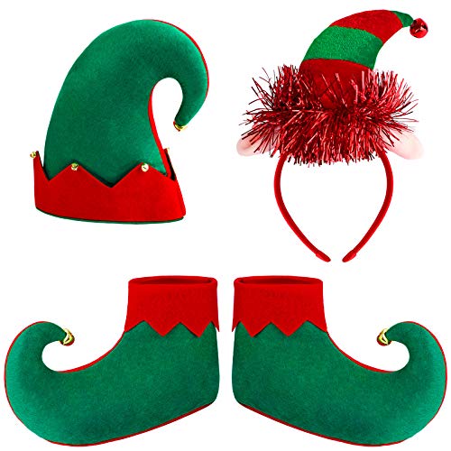 Aneco 4 Pieces Kids Christmas Elf Costume Sets Xmas Holiday Elf Felt Hat Elf Shoes Christmas Costume Headband for Boys or Girls Christmas Costume