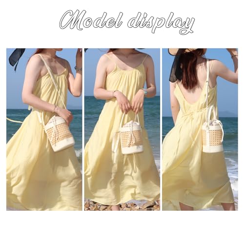 Image of GOKTOW Rattan Purse Bucket Bag for Women,Straw Beach Bucket Tote Bag Summer Vacation Holiday 2024