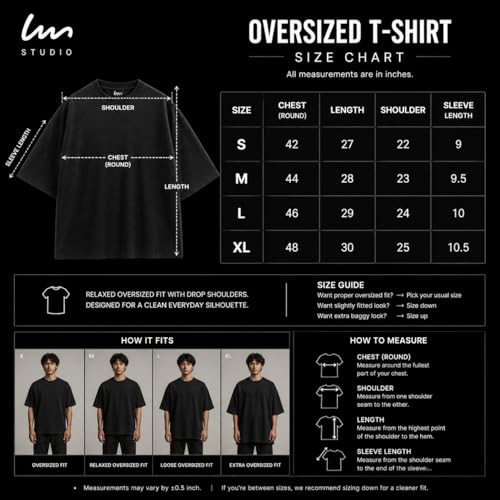 Image of Oversized T-Shirt for Men and Women, Black, White, and Charcoal Grey Colour, Cotton, Drop Shoulder Baggy Fit