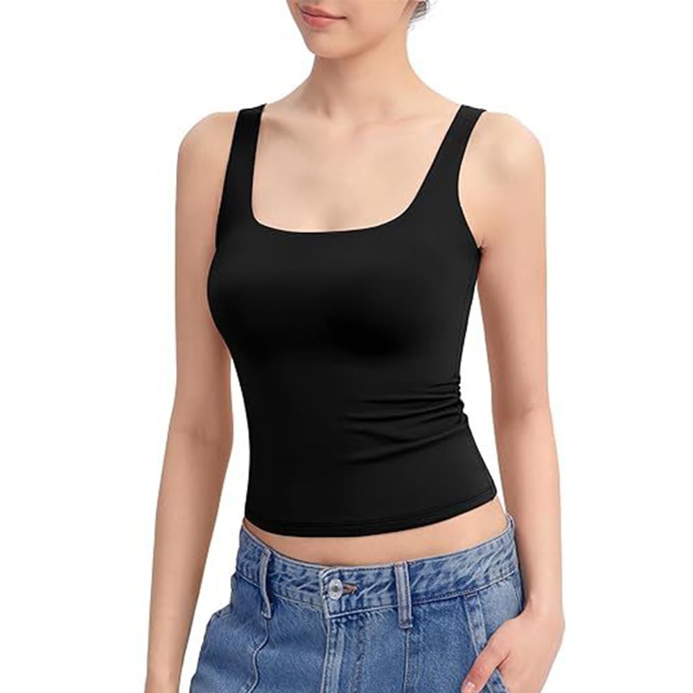 VPVLVZN Womens Square Neck Tank Top Sleeveless Double Lined Basic Cropped Tank Tops Knit Ribbed Tank (Black,Small)