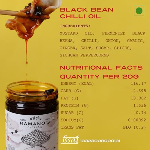 Image of RAMANO'S Blackbean Chilli Oil 240gms, Savoury & Spicy with Fermented Black Beans, Sichuan Peppercorns, 5 Unique Chillies Blends with Umami Flavour, Ideal for Stir-Fries, Noodles, Rice, Pizza & Pasta