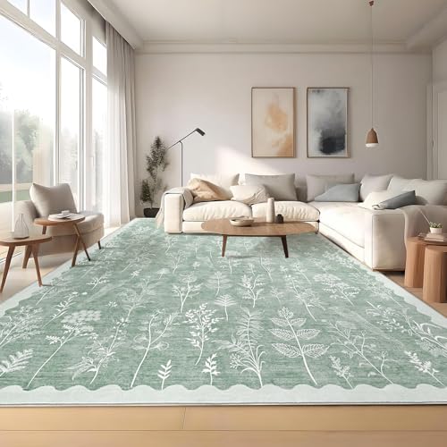 GarveeHome Washable 9x12 Area Rugs for Living Room Scalloped Floral Bedroom Rug, Non-Slip Stain Resistant Dining Table Carpet, Botanical Large Rug Neutral Carpet for Farmhouse Dorm Home Office,Green