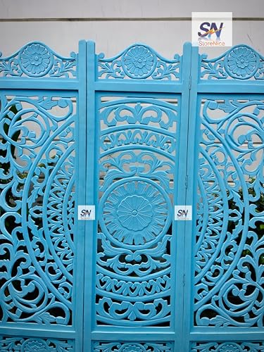 Image of Wooden Room Divider Partition for Living Room Bedroom & Office Foldable Modern Decorative Partition for Home, Pooja Room & Studio - Space Saving Freestanding (6 Feet 3 Panel Colour Blue)