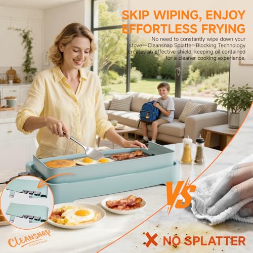 Image of Cleansnap Everyday Electric Griddle,The Ultimate Gift for Family Feasts - 20 inch Nonstick Grill with Foldable Anti-Mess Shield, Rapid 1700W Heat & PPG Ceramic Coating, Dishwasher Safe, Saga Blue