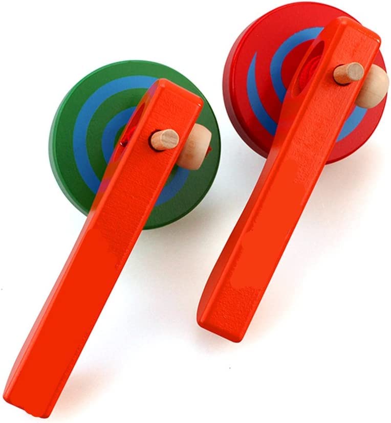 Set of 2 Wooden Spinning Top Gyroscope peg-top with Handle and Pull String Wire (Wooden Lattu