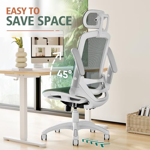 Image of GABRYLLY Ergonomic Office Chair, High Back Home Desk Chair with Headrest, Flip-Up Arms, 90-120 Tilt Lock and Wide Cushion, 300LBS Mesh Chairs for Man Woman, White Task Chair(Olive Green,GY01WOG)