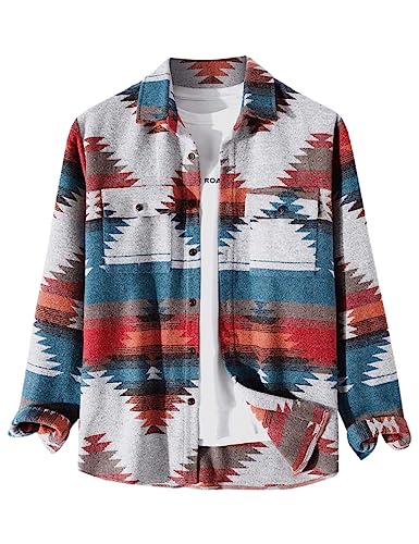 Image of FindThy Men's Brushed Flannel Shirts Ethnic Aztec Print Button Up Lapel Tribal Shirt Jacket Shacket