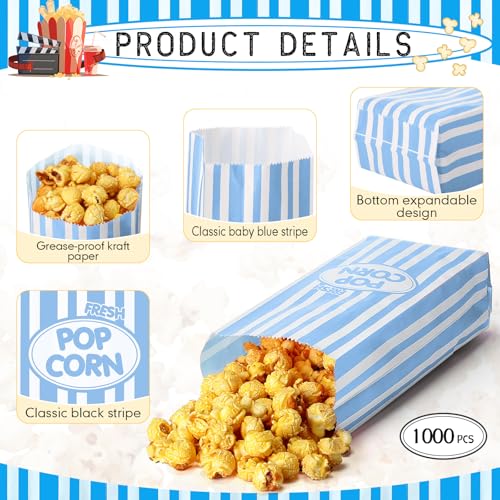 Image of Sherr 1000 Pcs 2oz Blue Popcorn Bags Bulk Retro Stripes Disposable Popcorn Bags for Circus Carnival Party Favors Movie Nights Birthday Party Event Supplies Machine Accessories(Light Blue)