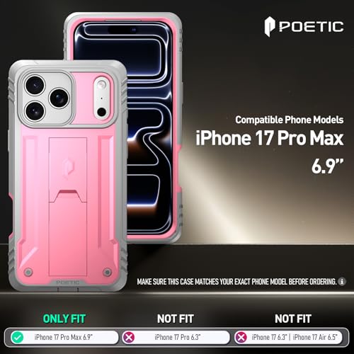 Image of Poetic for iPhone 17 Pro Max Case with Camera Control Capture Button, [Built-in Stand] [Built-in Screen Protector] Full-Body Military Grade Rugged Phone Case for iPhone 17 Pro Max, Pink
