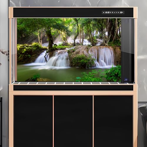 Image of Waterfall Aquarium Background Jungle Plants Rocks Terrarium Background Falls Green Plants Natural Landscape Fish Tank Background Old Tree Waterfall Rock Style Reptile Background Vinyl 24x16in