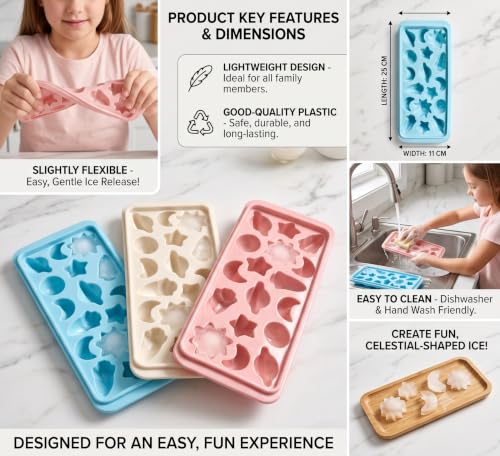 Image of Ice Cube Tray | Pack of 3 |17 Each Ice Cube Tray | Flexible & Multicolor | Sun Moon Star Planet |