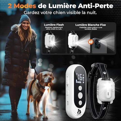 Collier de Dressage Pour Chien, sans Choc, Collier Electrique Pour Chien Portée 1000 m (3300 ft), 4 Modes Bip, Vibration, Lumière,Bip+Vibration,1-50 Niveaux d'Entraînement, Étanche IPX7