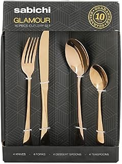 Sabichi Glamour Copper Cutlery Set - 16-Piece Stainless Steel Knives and Forks Set - University Essentials - Tableware Set with Spoon Knifes and Forks - Service for 4 - Dishwasher Safe