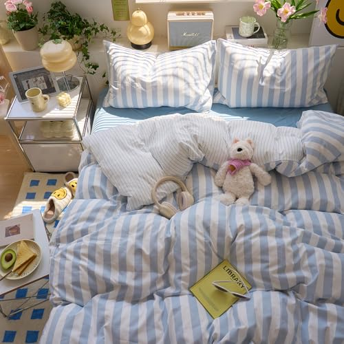 Image of Blue Striped Comforter Set Full Size, Vintage Blue White Stripes Pattern Printed Comforter with 2 Pillowcases, Breathable Soft Lightweight Bedding Comforter Boho Farmhouse Striped Comforter Set