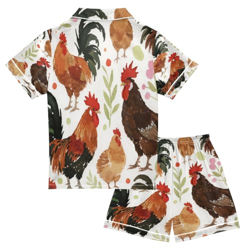 Satin Pajama Sets Short Sleeve Chicken Pattern with Green Leaves Button Down Silky Nightwear 2 Piece PJS 5-14Y2