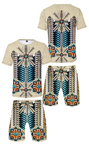 AMOMA Unisex Native Indians Pattern Ethnic Style Print Crewneck T-shirt and Shorts Sets Outfit3