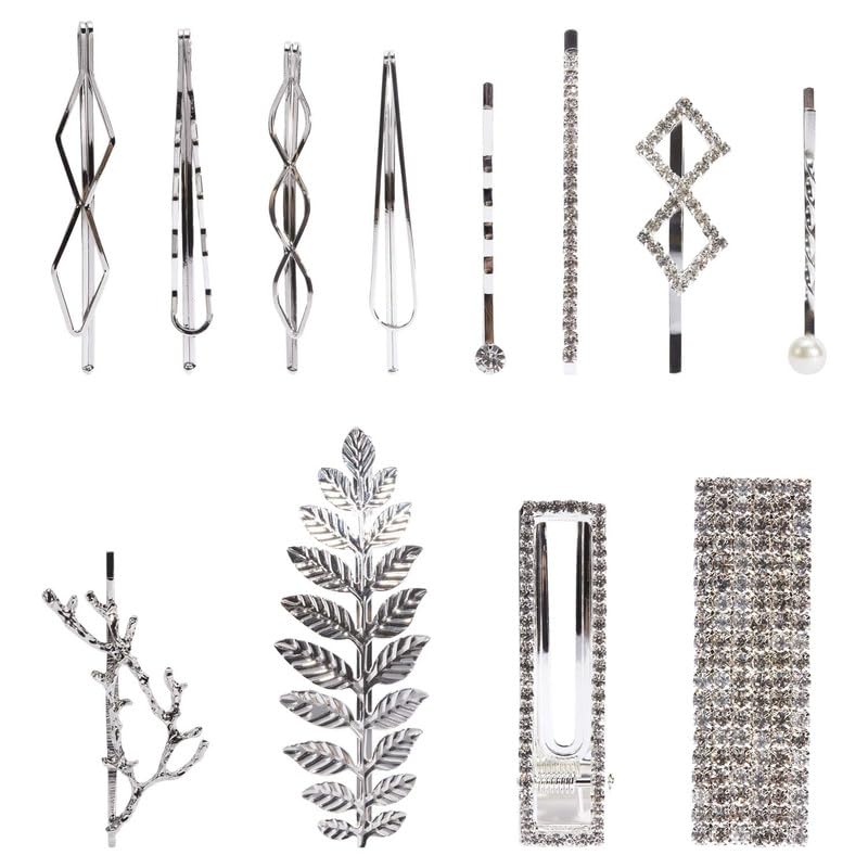 Belicia 12 pcs Silver Vintage Retro Metal Pearl Crystal Rhinestone Branch Leaf Hair Clips Snap Barrettes Claw Clamps U Shaped Decorative Bobby Pin Alligator Hairclips Wedding Party Bridal Accessory