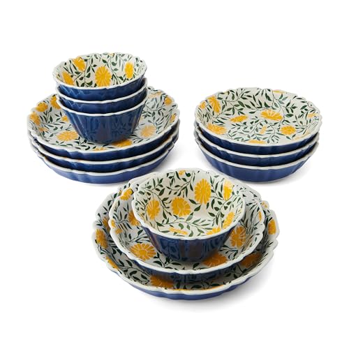 Pfaltzgraff Tranquil Elegance Floral 12 Piece Bowl Dinnerware Set, Service for 4, Blue