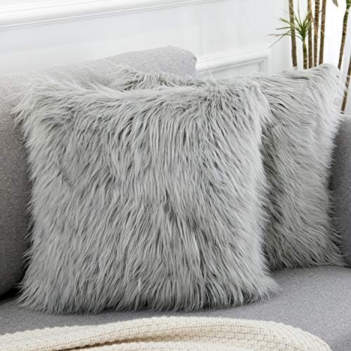 Light Grey Faux Fur Throw Pillow Covers 18x18 Inch Set of 2, Luxu...