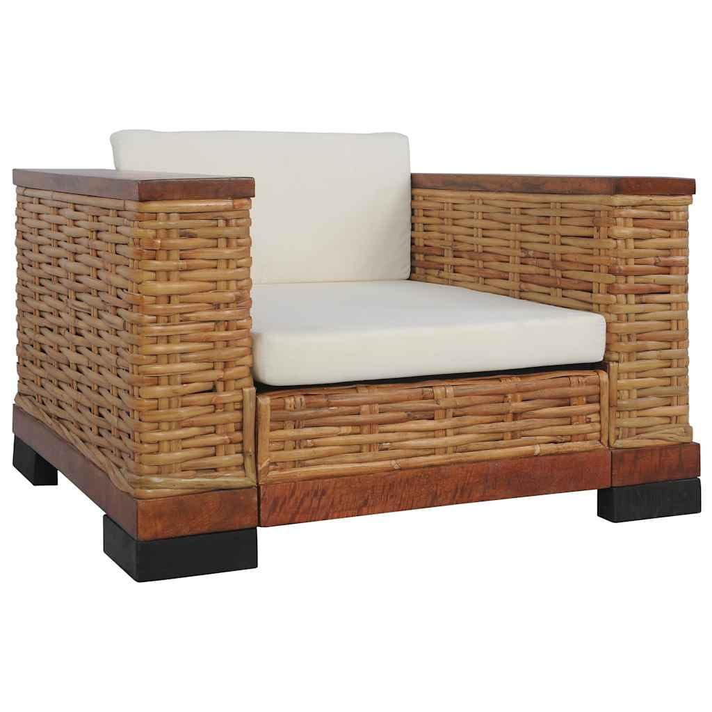 Poltrona in rattan con cuscino in rattan naturale e legno di mango, poltrona relax per soggiorno e giardino d'inverno, comoda poltrona in vimini con cuscino per seduta e schienale, marrone