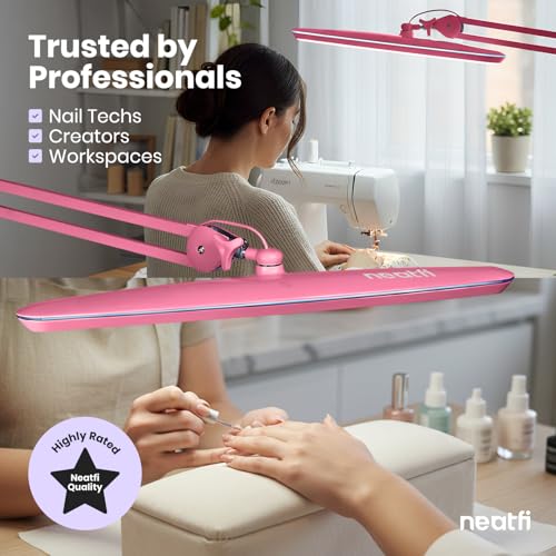 Image of Neatfi XL 2,200 Lumens 24W LED Desk Lamp - 23 inch Wide Shade | Dimmable Eye-Caring Task Light | Adjustable Arm | Home Office, Study, Crafts & Nail Tech (Pink, Non-CCT with Clamp)
