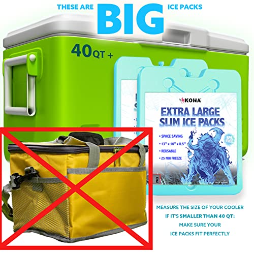 Kona XL Large Cooler Ice Packs - Reusable Long Lasting (-5 C) Space-Saving Slim Dry Ice Packs, Freezer Packs & Reusable Ice Pack for Cooler Bags, 10x13 Inch, 25 Min Freeze 2 Pack