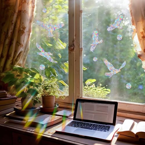 Image of Window Clings for Birds - Anti-Collision Window Decals - Prismatic Non Adhesive Vinyl Rainbow Glass Stickers to Save Birds from Glass Strikes (Eagle-dots, 21 Pieces)