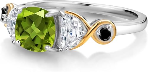 Vista 3 de Gem Stone King Anillo de plata 925 y oro amarillo de 10 quilates, con 3 piedras, peridoto y media luna, moissanita y diamante negro