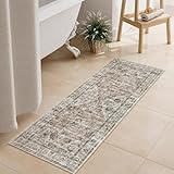 Uphome Bathroom Rugs Runner, Distressed Farmhouse Boho Khaki Bath Mat, Non Slip Washable Long Bath Rugs, Vintage Traditonal Soft Velvet Bathroom Runner for Bathtub Sink Shower, 18x47 inch