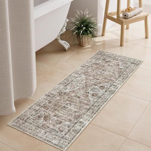 Uphome Bathroom Runner Rug, Distressed Farmhouse Boho Khaki Bath Mat, Non Slip Washable Long Bath Rugs, Vintage Traditonal Soft Velvet Bathroom Runner for Bathtub Sink Shower, 18x47 inch