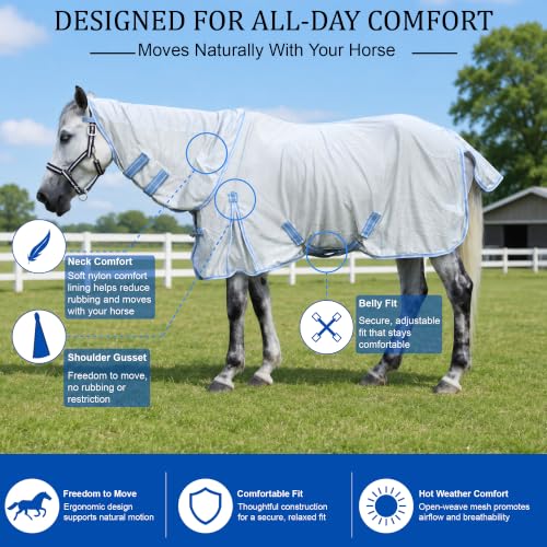 Image of Horse Fly Sheet with Detachable Neck, Maximum Airflow Breathable Open Weave Mesh for Hot Weather, Anti-Rub Comfort, 65% UV Protection, Cool Summer Sheet for Pasture & Barn Silvergrey 72