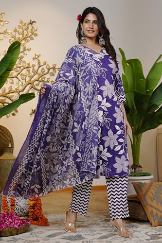 Image of MIRCHI FASHION Women's Straight Fit Pure Cotton Sequins Thread Work Leaf Printed Kurta Set with Dupatta and Trouser