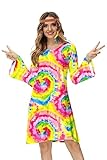 70s Disco Outfits for Women Tie Dye Halloween Costume Party Dress Hippie Swing Dress M