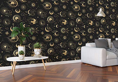 Astronomy Pattern Peel and Stick Wallpaper. Stars, Sun, Moon and Cloud. Removable Wall Mural #6208 (9ft H X 12ft W)