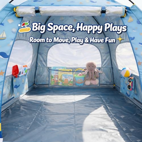 Image of Baby Beach Tent Pop Up Sun Shelter with UPF 50+ UV Protection, Silver-Coated Interior, Breathable Mesh Ventilation, Easy Setup, Wind-Stable Beach Shade for Infants & Toddlers