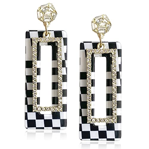 Elegant 60s 70s Vintage Black And White Acrylic Grid Dangle Drop Earrings Dainty Chic Sparkly Crystal Hollow Resin Rectangle Geometry Stud Earring for Women