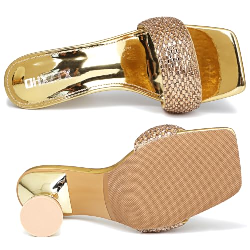 Image of Women's Square Open Toe Kitten Heel Mules, Rhinestone Sandals