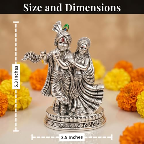 Image of Premium Silver-Plated Radha Krishna Idol Statue for Pooja Room | Home Decor | Mandir Temple | Radha Krishna Statue | Decorative Showpiece | Festive Gifting | 5.3 Inch