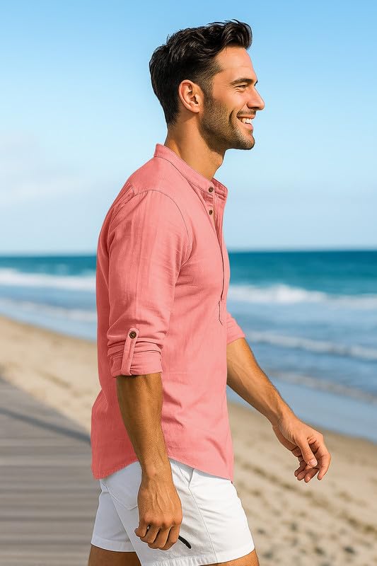 Image of Macsivo Men's Cotton Blend Solid Short Kurta with Mandarin Collared Full Sleeve Drawstring Stylish Straight Length | Kurta for Men Stylish