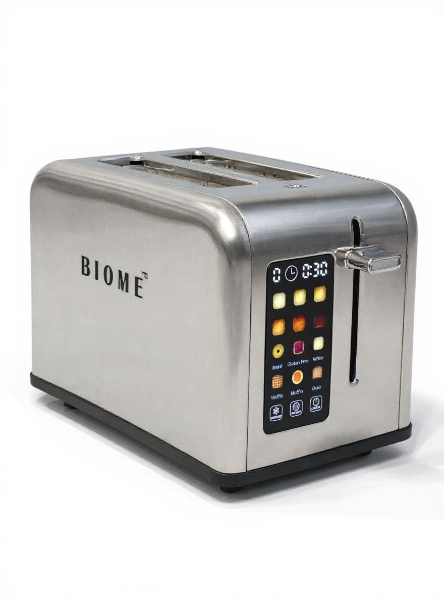 BIOME SmartToast™ Digital Touchscreen 2-Slice Pop-Up Toaster – Patented Design, 6 Bread Types, 6 Browning Levels, Reheat & Defrost Functions, Timer, Large Color Display – First Time in India