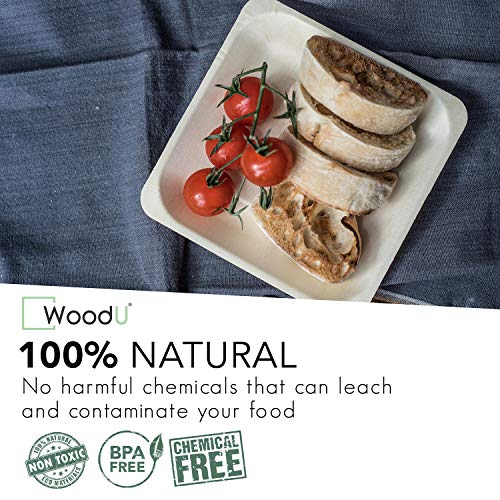 Woodu Wooden Disposable Craft Plates-100 Natural, Bamboo, Square Plates, Heavy Duty, Compostable &Biodegradable, Eco Friendly Party Plates (5.5" X 5.5" Appetizer Plate). #TOP1