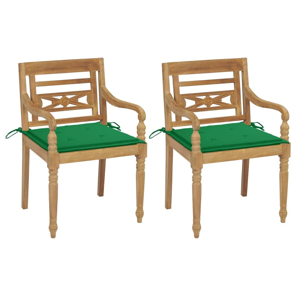 KCCKOM Batavia Chairs 2 pcs with Green Cushions Solid Teak Wood, Outdoor Furniture, Outdoor Chairs