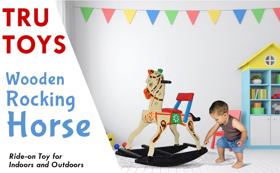 TRU TOYS Wooden Rocking Horse Rocker Ride-on Toy for Indoors and Outdoors | Channapatna Wood Rocking Horse | Handmade Wooden Toys Toddler Gift| Gift for Kids/Boys/Girls (2-5 Years) (Green) 1