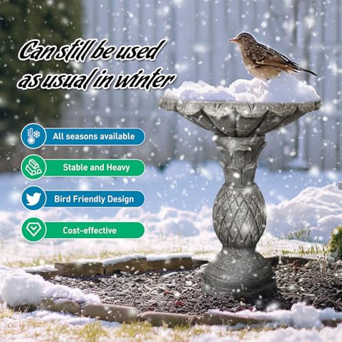 Image of SunJet 24.8 Inch Heigh Concrete Bird Bath with Pineapple Texture - birdbath Sturdy & Elegant Design, Vintage Freestanding Style, Attracts Birds and Enhances Garden, Patio, Yard, Lawn Decor