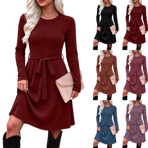 Fall Dresses for Women Fall Sweater Dress Long Sleeve Tie Waist Midi Dress - image 1