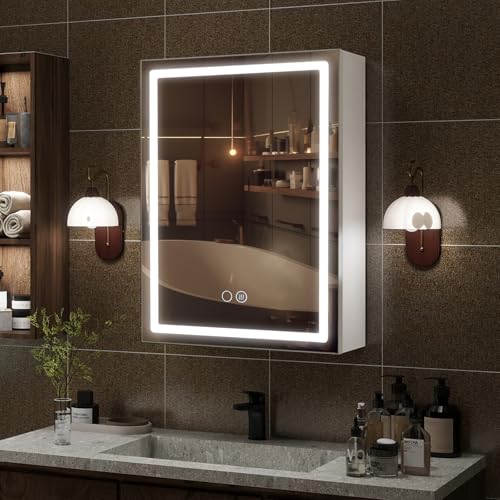 YU YUSING Armoire Murale de Salle de Bain Aluminium avec Miroir LED 50x70cm, Anti-buée, Étanchéité IP54, 3 Etagères 2 Prises 3 Couleurs Réglables, Miroir...