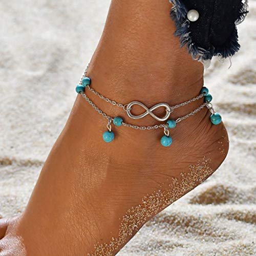 Preisvergleich Produktbild Modeband Silber Buchstaben Fußkettchen Türkis Perle Sommer Layered Knöchel Armband Boho Schmuck Strand Fußkettchen Kette Verstellbar Für Frauen Mädchen Freunde