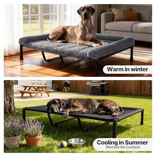 Veehoo Hundeliege Outdoor XXL Waschbar, Flauschiges Hundeliege mit Abnehmbarem Polster, Erhöhtes Hundebett Hundesofa mit Rutschfesten Füßen für Drinnen Draußen, Grau 150 x 94 x 20 cm
