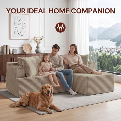 Image of Korser Boneless Couches for Living Room, Cloud Couch Sectional with Ottoman, L-Shaped Sofa with Fluffy Comfy Corduroy Deep Seat, Bedroom, Apartment, No Assembly Required