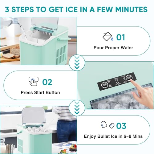 Image of NEWBULIG Ice Makers Countertop with Handle, Portable Ice Machine, 9 Bullet Ice Cubes in 6 Mins, 26lbs in 24Hrs, Auto-Cleaning, with Basket and Scoop, for Home, Kitchen, RV, Camping,Green